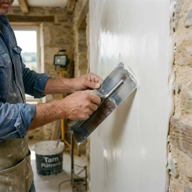 Application d'un enduit de lissage blanc sur un mur en pierre traditionnelle par l'artisan plaquiste Rouane Chikh dans le Tarn.